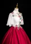 Elegant Burgundy Satin Beading Sequins Prom Dresses 2024 Ball Gown High Neck Short Sleeve Backless Floor-Length / Long Prom Formal Dresses