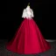 Elegant Burgundy Satin Beading Sequins Prom Dresses 2024 Ball Gown High Neck Short Sleeve Backless Floor-Length / Long Prom Formal Dresses