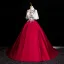Elegant Burgundy Satin Beading Sequins Prom Dresses 2024 Ball Gown High Neck Short Sleeve Backless Floor-Length / Long Prom Formal Dresses
