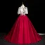 Elegant Burgundy Satin Beading Sequins Prom Dresses 2024 Ball Gown High Neck Short Sleeve Backless Floor-Length / Long Prom Formal Dresses