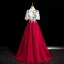 Elegant Burgundy Satin Beading Sequins Prom Dresses 2024 Ball Gown High Neck Short Sleeve Backless Floor-Length / Long Prom Formal Dresses