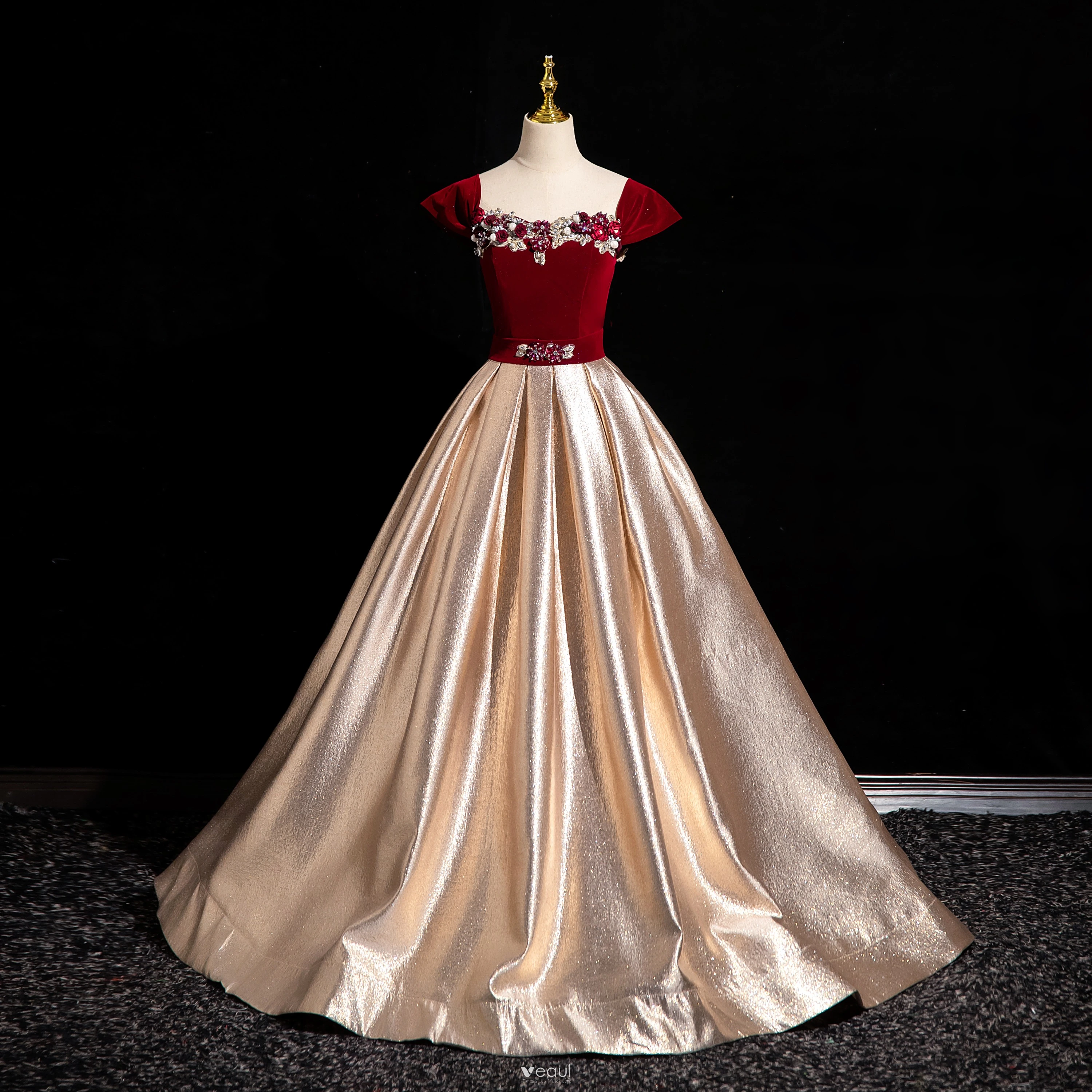 Elegant Rose Gold Rhinestone Pearl Appliques Velvet Prom Dresses 2024 Ball  Gown Off The Shoulder Short Sleeve Backless Floor Length Long Prom Formal  Dresses