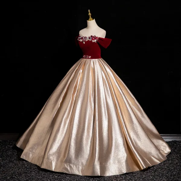 Elegant Rose Gold Rhinestone Pearl Appliques Velvet Prom Dresses 2024 Ball Gown Off-The-Shoulder Short Sleeve Backless Floor-Length / Long Prom Formal Dresses