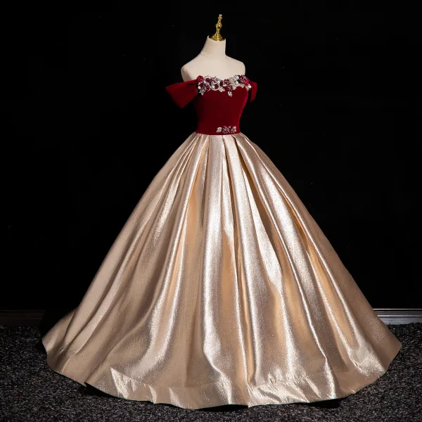 Elegant Rose Gold Rhinestone Pearl Appliques Velvet Prom Dresses 2024 Ball Gown Off-The-Shoulder Short Sleeve Backless Floor-Length / Long Prom Formal Dresses