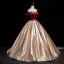 Elegant Rose Gold Rhinestone Pearl Appliques Velvet Prom Dresses 2024 Ball Gown Off-The-Shoulder Short Sleeve Backless Floor-Length / Long Prom Formal Dresses