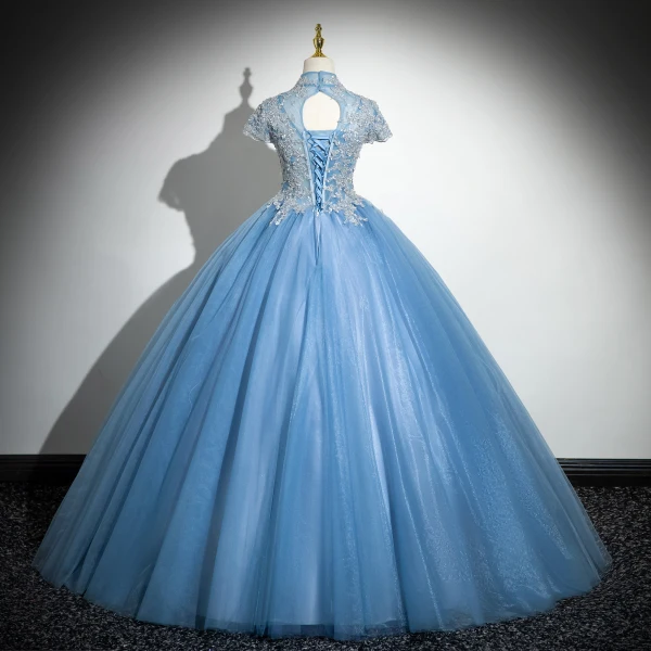 Elegant Pool Blue Sequins Lace Flower Prom Dresses 2024 Ball Gown High Neck Short Sleeve Backless Floor-Length / Long Prom Formal Dresses