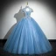 Elegant Pool Blue Sequins Lace Flower Prom Dresses 2024 Ball Gown High Neck Short Sleeve Backless Floor-Length / Long Prom Formal Dresses