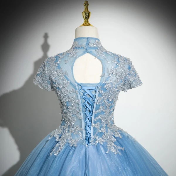 Elegant Pool Blue Sequins Lace Flower Prom Dresses 2024 Ball Gown High Neck Short Sleeve Backless Floor-Length / Long Prom Formal Dresses