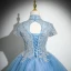 Elegant Pool Blue Sequins Lace Flower Prom Dresses 2024 Ball Gown High Neck Short Sleeve Backless Floor-Length / Long Prom Formal Dresses