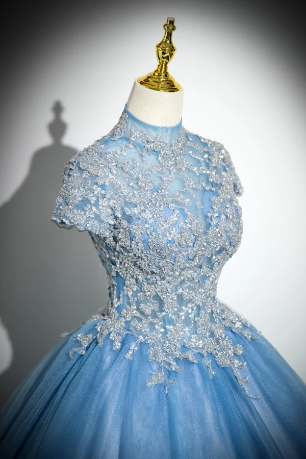 Elegant Pool Blue Sequins Lace Flower Prom Dresses 2024 Ball Gown High Neck Short Sleeve Backless Floor-Length / Long Prom Formal Dresses