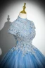 Elegant Pool Blue Sequins Lace Flower Prom Dresses 2024 Ball Gown High Neck Short Sleeve Backless Floor-Length / Long Prom Formal Dresses
