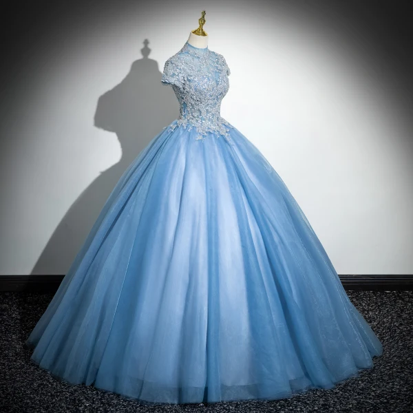 Elegant Pool Blue Sequins Lace Flower Prom Dresses 2024 Ball Gown High Neck Short Sleeve Backless Floor-Length / Long Prom Formal Dresses