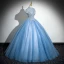Elegant Pool Blue Sequins Lace Flower Prom Dresses 2024 Ball Gown High Neck Short Sleeve Backless Floor-Length / Long Prom Formal Dresses