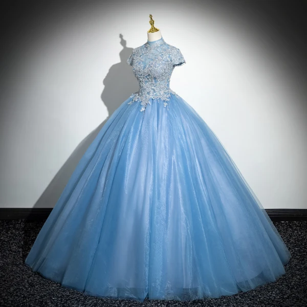 Elegant Pool Blue Sequins Lace Flower Prom Dresses 2024 Ball Gown High Neck Short Sleeve Backless Floor-Length / Long Prom Formal Dresses