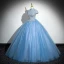 Elegant Pool Blue Sequins Lace Flower Prom Dresses 2024 Ball Gown High Neck Short Sleeve Backless Floor-Length / Long Prom Formal Dresses