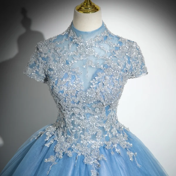 Elegant Pool Blue Sequins Lace Flower Prom Dresses 2024 Ball Gown High Neck Short Sleeve Backless Floor-Length / Long Prom Formal Dresses