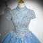 Elegant Pool Blue Sequins Lace Flower Prom Dresses 2024 Ball Gown High Neck Short Sleeve Backless Floor-Length / Long Prom Formal Dresses