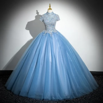 Elegante Blauw Pailletten Kant Bloem Galajurken 2024 Baljurk Hoge Kraag Korte Mouwen Ruglooze Lange Gala Gelegenheid Jurken