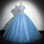 Elegant Pool Blue Sequins Lace Flower Prom Dresses 2024 Ball Gown High Neck Short Sleeve Backless Floor-Length / Long Prom Formal Dresses