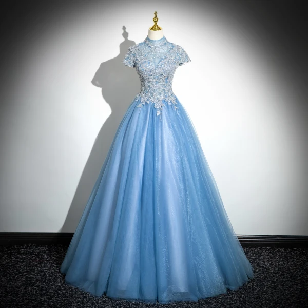Elegant Pool Blue Sequins Lace Flower Prom Dresses 2024 Ball Gown High Neck Short Sleeve Backless Floor-Length / Long Prom Formal Dresses