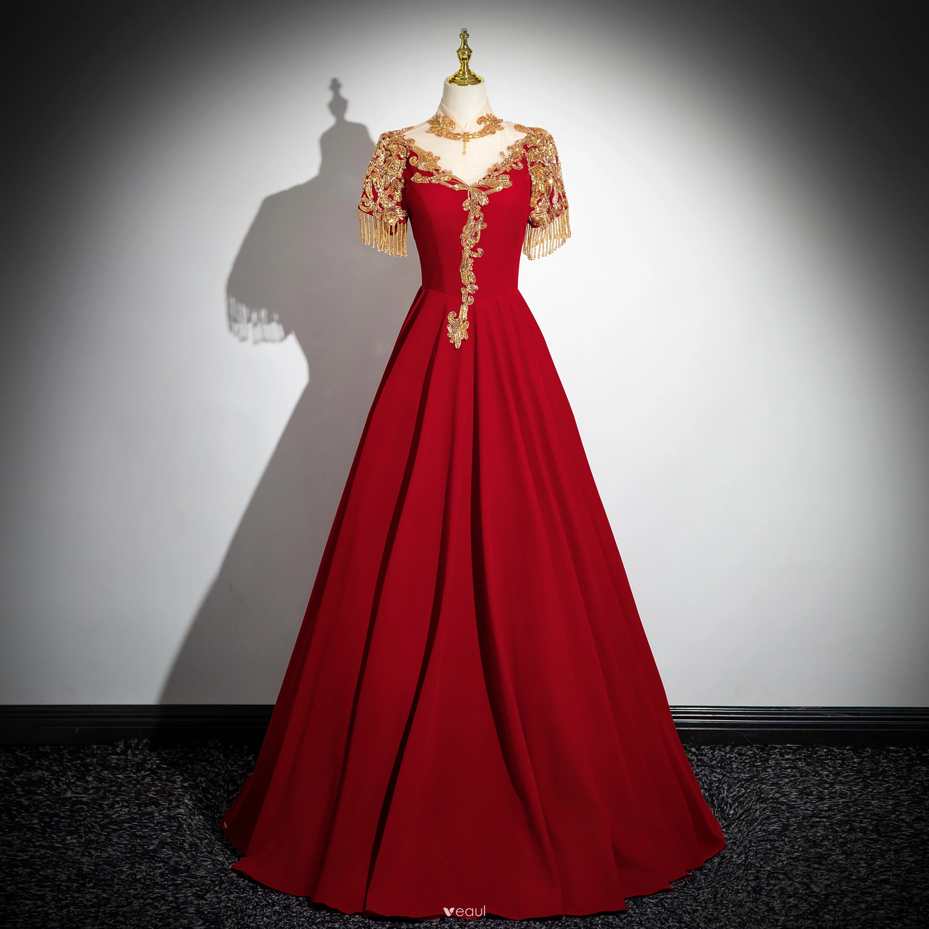 Chinese Style Gold Beading Sequins Tassel Red Prom Dresses 2024 Ball Gown High Neck Long