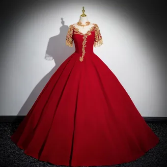 Style Chinois Doré Perlage Paillettes Gland Rouge Robe De Bal 2024 Robe Boule Col Haut Manches Courtes Dos Nu Longue Promo Robe De Ceremonie