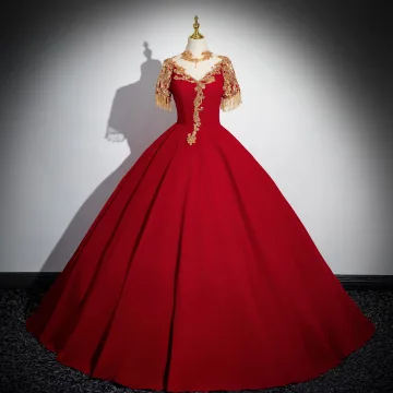 Chinese Style Gold Beading Sequins Tassel Red Prom Dresses 2024 Ball Gown High Neck Short Sleeve Backless Floor Length Long Prom Formal Dresses