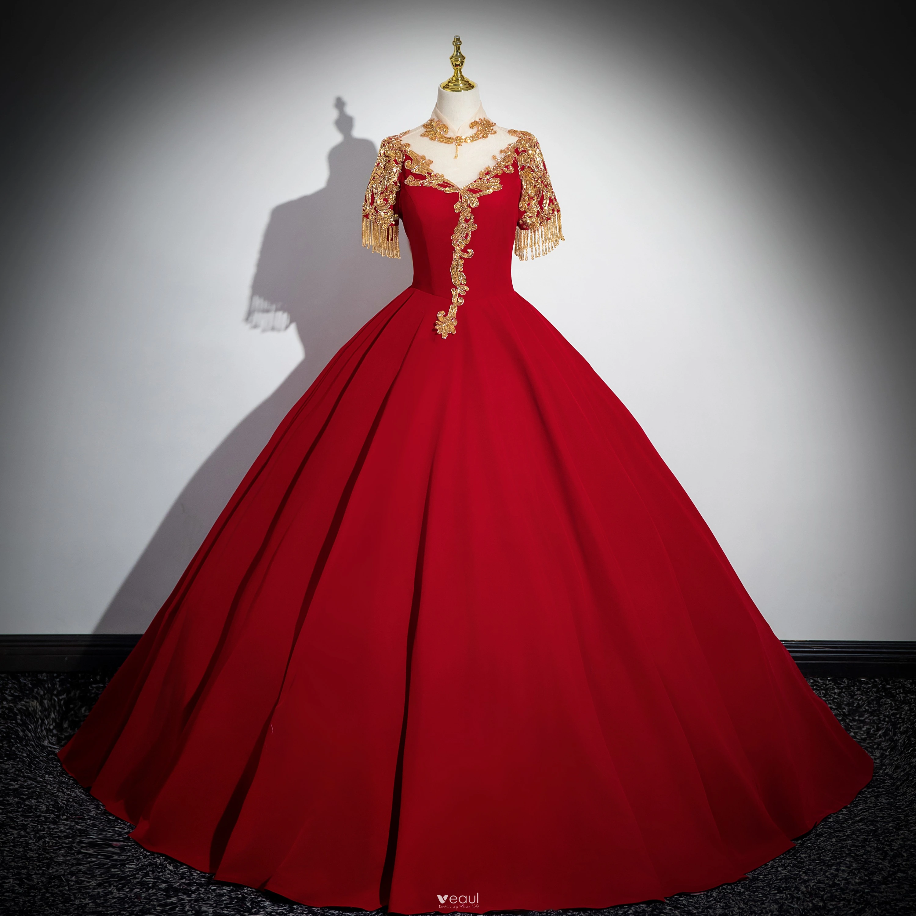 Chinese style Gold Beading Sequins Tassel Red Prom Dresses 2024 Ball Gown High Neck Long Chinese style Gold Beading Sequins Tassel Red Prom Dresses 2024 Ball Gown High Neck Long