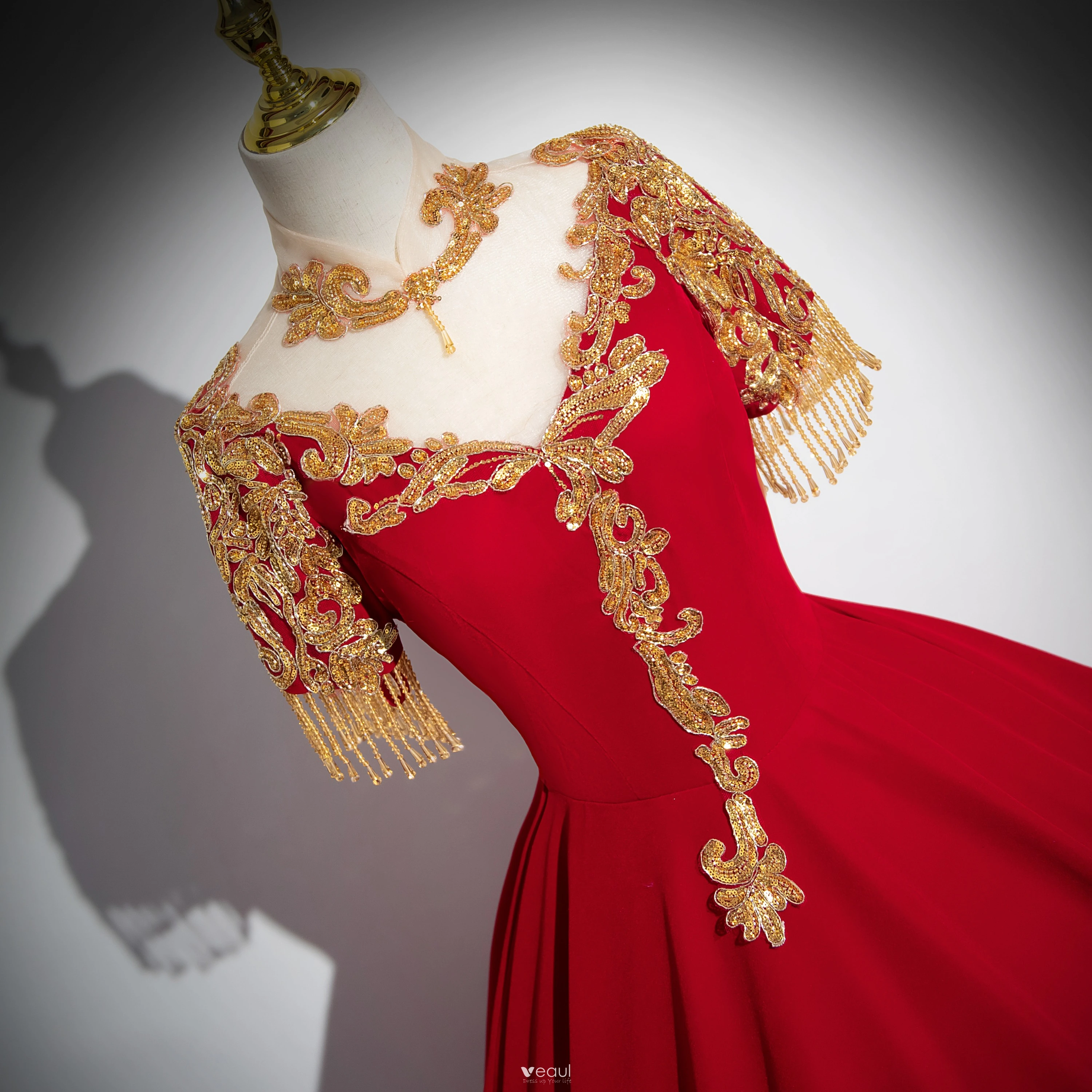 open lace back dress Buy Red Embroidered Corset Gown With Attached Tassel Cape| KALKI Fashion USA