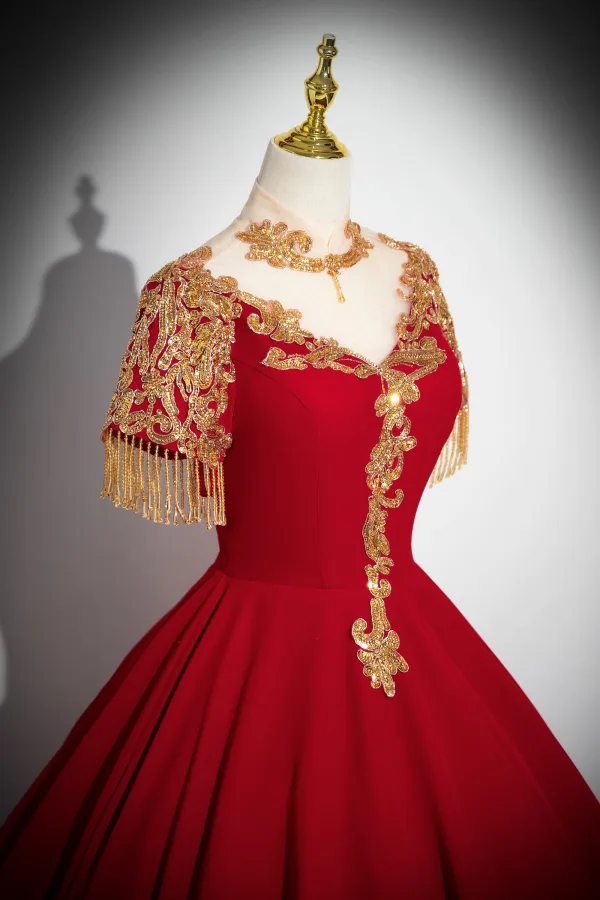 Chinese style Gold Beading Sequins Tassel Red Prom Dresses 2024 Ball Gown High Neck Short Sleeve Backless Floor-Length / Long Prom Formal Dresses