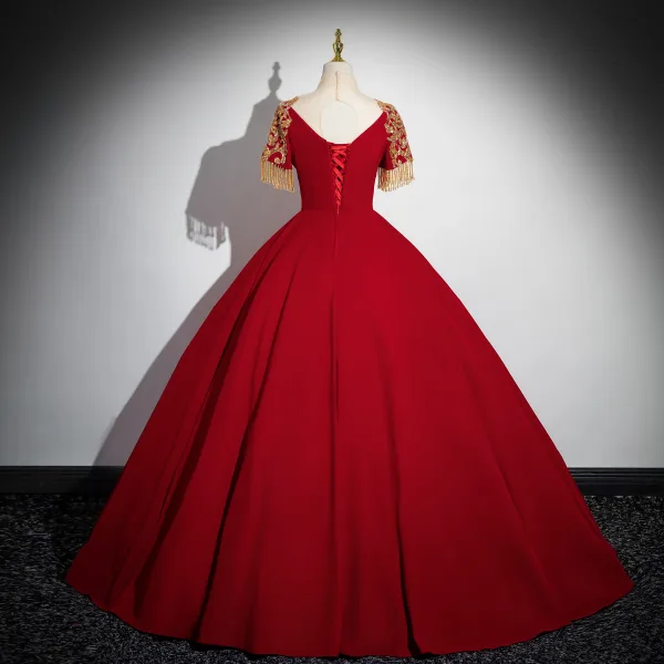Chinese style Gold Beading Sequins Tassel Red Prom Dresses 2024 Ball Gown High Neck Short Sleeve Backless Floor-Length / Long Prom Formal Dresses