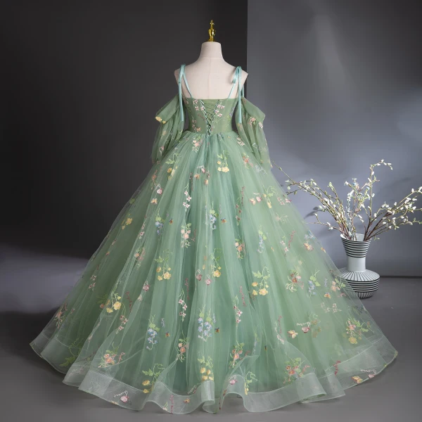 Flower Fairy Sage Green Lace Flower Prom Dresses 2024 Ball Gown Spaghetti Straps Short Sleeve Backless Floor-Length / Long Prom Formal Dresses