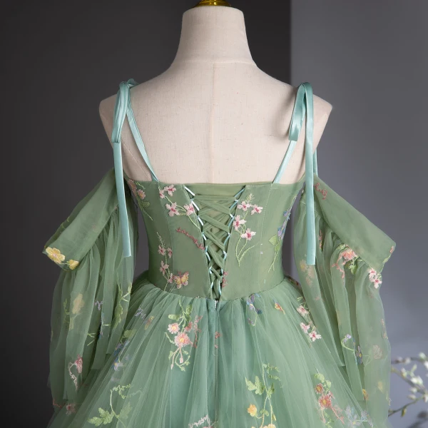 Flower Fairy Sage Green Lace Flower Prom Dresses 2024 Ball Gown Spaghetti Straps Short Sleeve Backless Floor-Length / Long Prom Formal Dresses