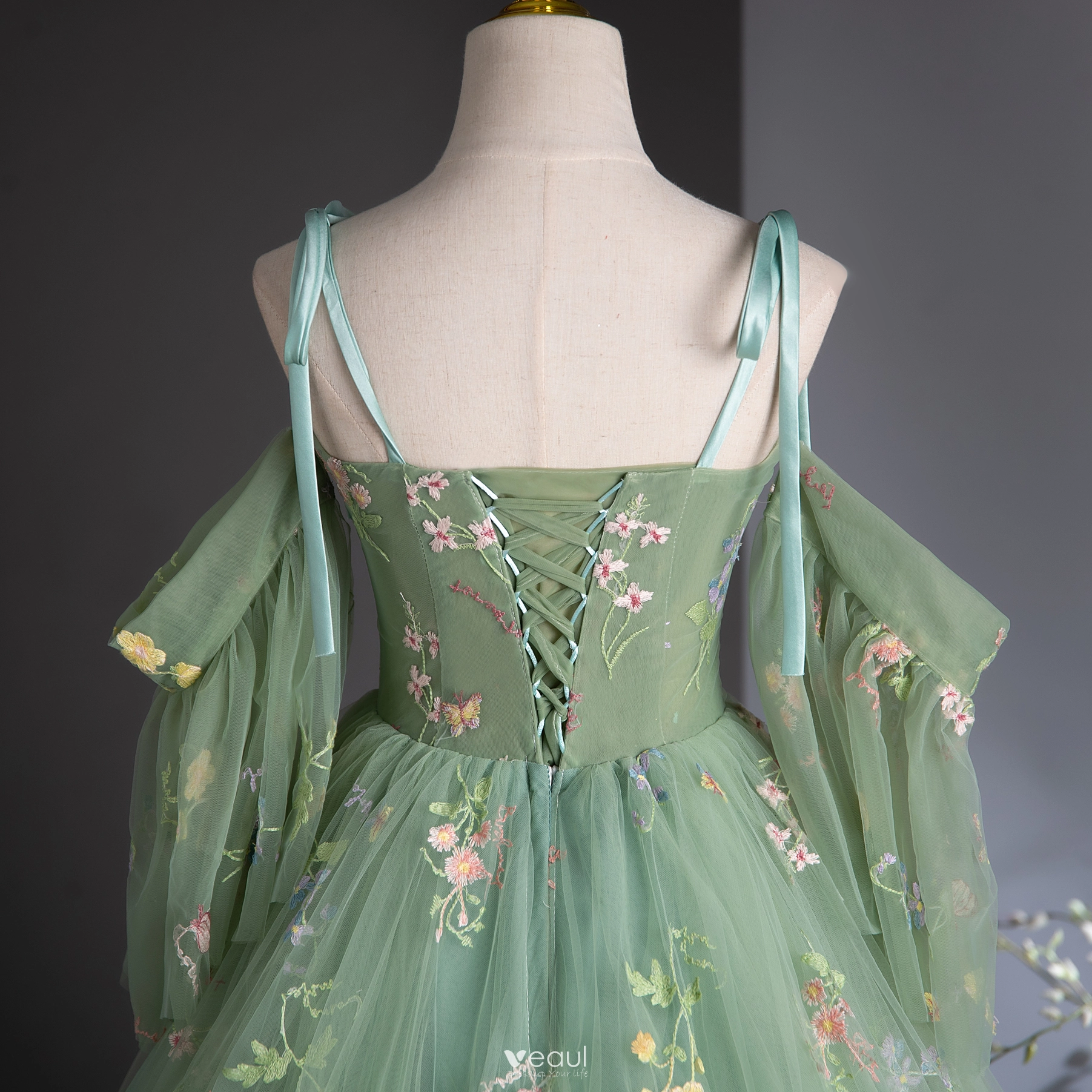 Flower Fairy Sage Green Lace Flower Prom Dresses 2024 Ball Gown Spaghetti  Straps Short Sleeve Backless Floor-Length / Long Prom Formal Dresses