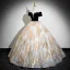 Elegant Black Glitter Pearl Rhinestone Prom Dresses 2024 Ball Gown Off-The-Shoulder Short Sleeve Backless Prom Floor-Length / Long Formal Dresses
