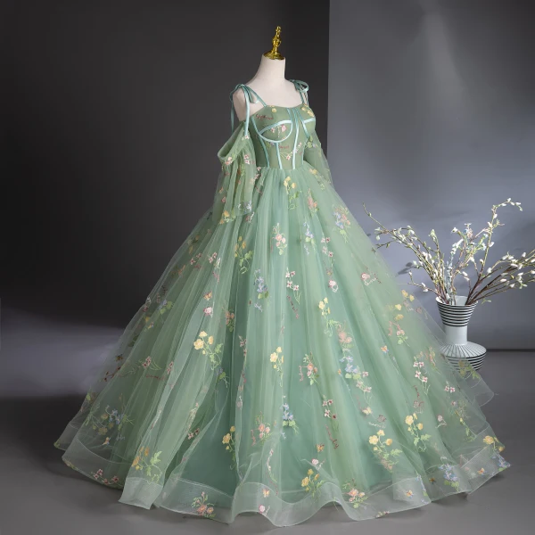 Flower Fairy Sage Green Lace Flower Prom Dresses 2024 Ball Gown Spaghetti Straps Short Sleeve Backless Floor-Length / Long Prom Formal Dresses