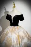 Elegant Black Glitter Pearl Rhinestone Prom Dresses 2024 Ball Gown Off-The-Shoulder Short Sleeve Backless Prom Floor-Length / Long Formal Dresses