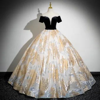 Élégant Noire Glitter Perle Faux Diamant Robe De Bal 2024 Robe Boule De L Épaule Manches Courtes Dos Nu Promo Longue Robe De Ceremonie