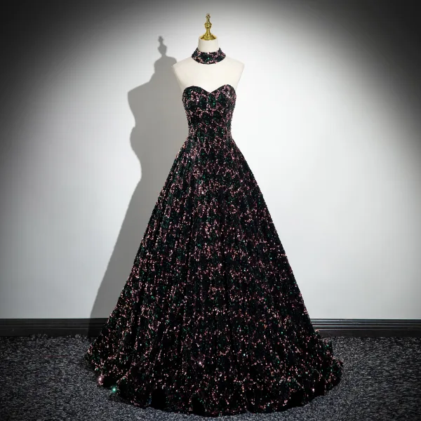 Glitzernden Multifarben Pailletten Ballkleider 2024 Ballkleid Bandeau Ärmellos Rückenfreies Sweep / Pinsel Zug Ball Festliche Kleider