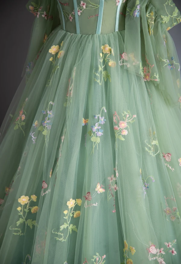 Flower Fairy Sage Green Lace Flower Prom Dresses 2024 Ball Gown Spaghetti  Straps Short Sleeve Backless Floor-Length / Long Prom Formal Dresses