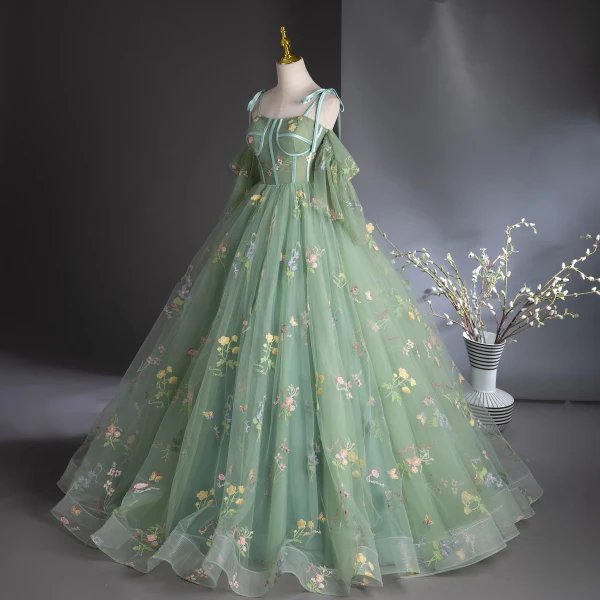 Flower Fairy Sage Green Lace Flower Prom Dresses 2024 Ball Gown Spaghetti Straps Short Sleeve Backless Floor-Length / Long Prom Formal Dresses