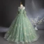 Flower Fairy Sage Green Lace Flower Prom Dresses 2024 Ball Gown Spaghetti Straps Short Sleeve Backless Floor-Length / Long Prom Formal Dresses
