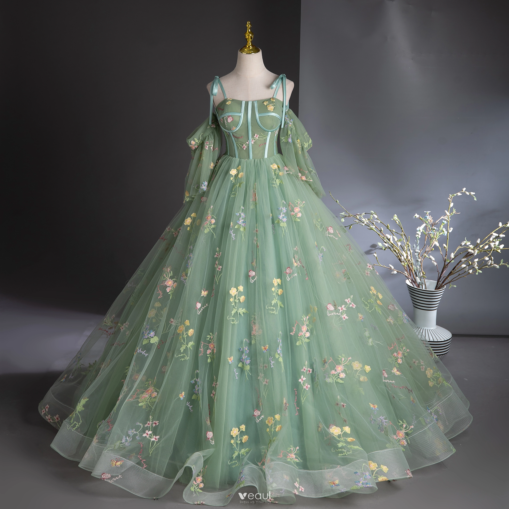 Flower Fairy Sage Green Lace Flower Prom Dresses 2024 Ball Gown ...