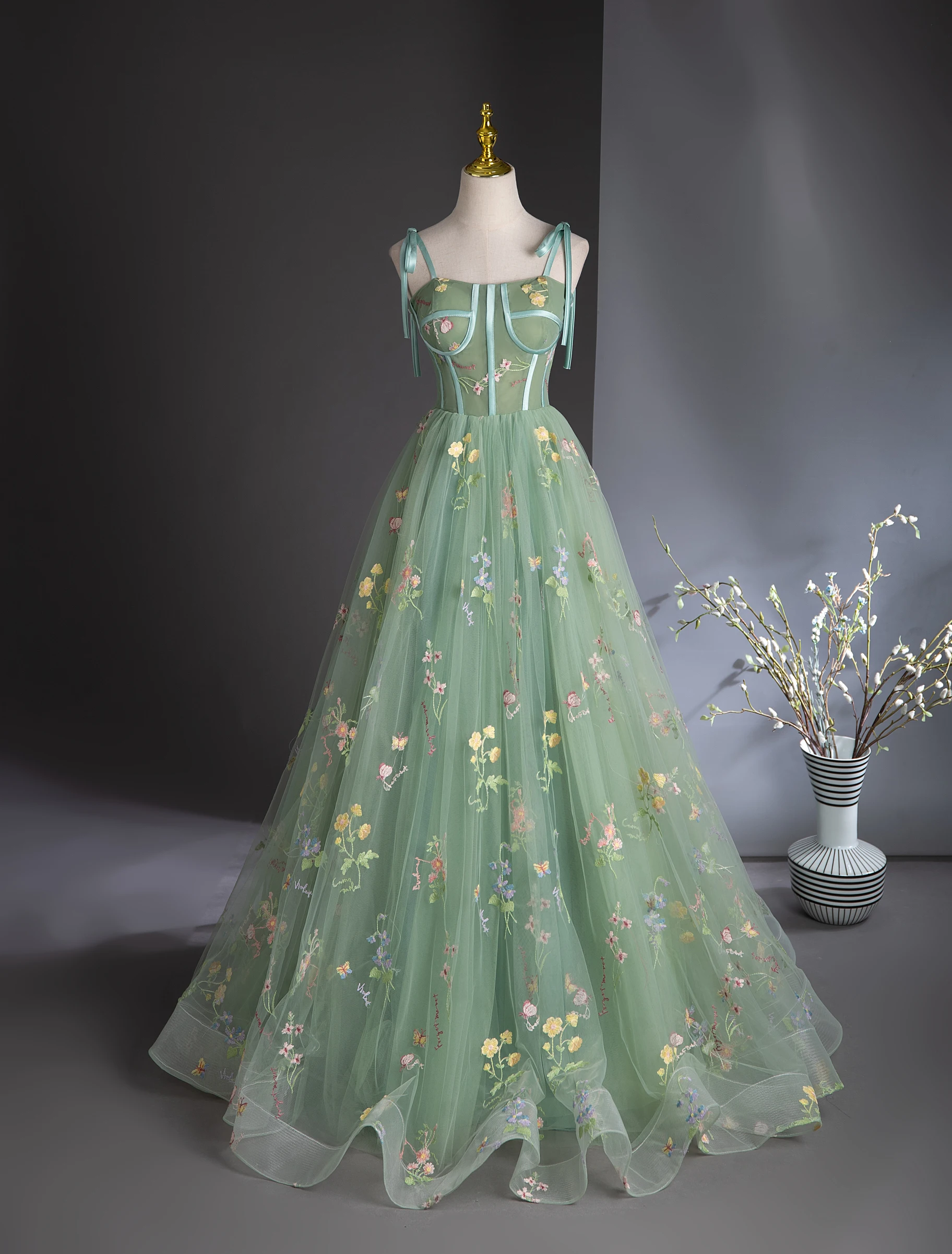 green emerald velvet dress GRETA / Green Wedding Dress with Colored Flower Applique main image 0