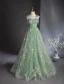 Flower Fairy Sage Green Lace Flower Prom Dresses 2024 Ball Gown Spaghetti Straps Short Sleeve Backless Floor-Length / Long Prom Formal Dresses