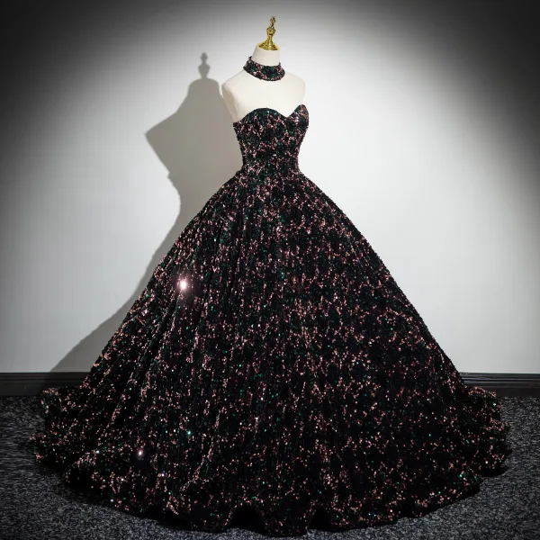 Glitzernden Multifarben Pailletten Ballkleider 2024 Ballkleid Bandeau Ärmellos Rückenfreies Sweep / Pinsel Zug Ball Festliche Kleider