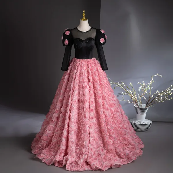 Lovely Candy Pink Appliques Prom Dresses 2024 Ball Gown Scoop Neck Backless 3/4 Sleeve Floor-Length / Long Prom Formal Dresses