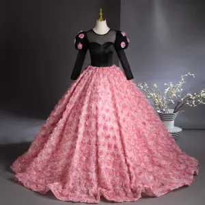 Charmant Rose Bonbon Appliques Robe De Bal 2024 Robe Boule Encolure Dégagée Dos Nu 3 4 Manches Longue Promo Robe De Ceremonie