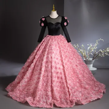 Charmant Rose Bonbon Appliques Robe De Bal 2024 Robe Boule Encolure Dégagée Dos Nu 3 4 Manches Longue Promo Robe De Ceremonie