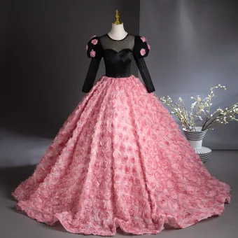 Lovely Candy Pink Appliques Prom Dresses 2024 Ball Gown Scoop Neck Backless 3 4 Sleeve Floor Length Long Prom Formal Dresses